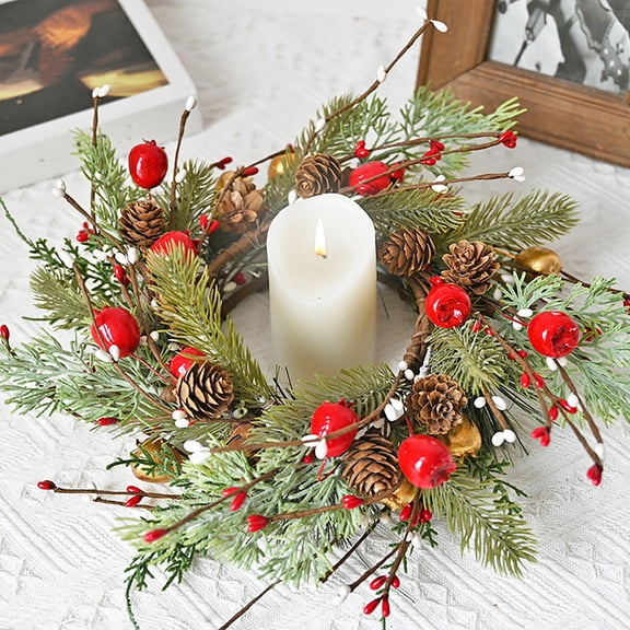 cpengpj Artificial Plastic Christmas Candlestick Wreath with Pinecones and Berries, 33cm Multicolor Holiday Table Decor for Home, Festive Garland