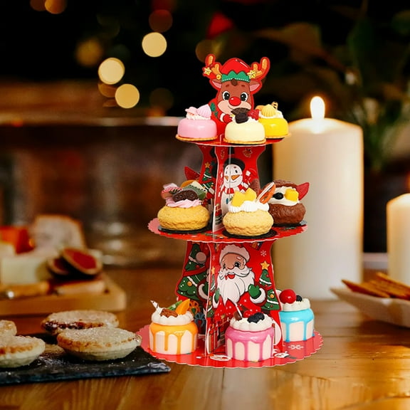 cpengpj Christmas Cupcake Stand 3-Tier Food-Safe BOPP Coated Cardboard Dessert Tower with Festive Holiday Design, Multicolor 45x27cm Party Holiday Decoration for Cookies, Cakes and Candy Display