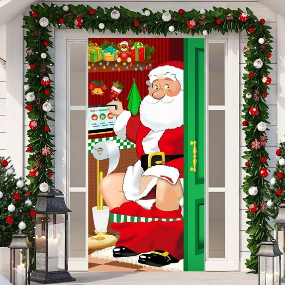 cpengpj Christmas Front Door Decoration, Printed Santa Claus Door Cover, "Merry Christmas" Design, Indoor/Outdoor Use, Party Supplies, Size 185x90cm, Festive Door Wrap