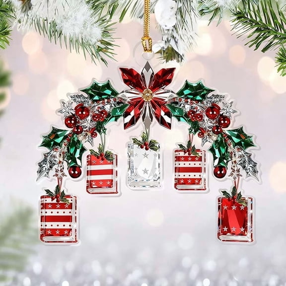 cpengpj Christmas Ornament 1-Piece, Poinsettia Gift Box Design Glossy Sparkling with Golden Hanging Cord, for Christmas Tree and Window Holiday Display