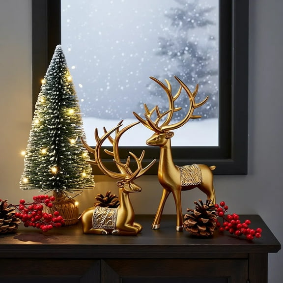 cpengpj Christmas Resin Deer Hanging Decorations 2 Pcs Set, Gold/Black/White Reindeer Sculptures for Home, Living Room, TV Cabinet Holiday Decoration, Elegant Festive Gift Idea