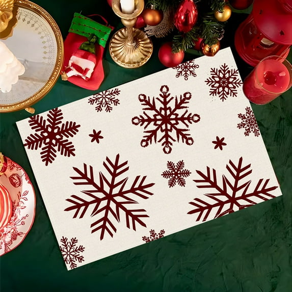 cpengpj Christmas Snowflake Placemats Polyester Insulated Heat Resistant Table Mats, Red White Festive Dinner Party Decor for Holiday Table Setting, 45x30cm Durable Cloth Dining Accessories