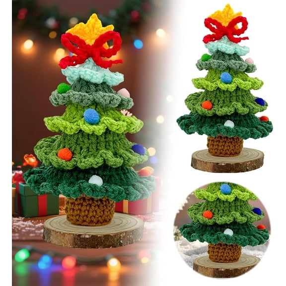cpengpj Christmas Tree 1-Piece, 7 Inch Hand Crocheted Milk Yarn Material with Wooden Base, for Desktop Decoration and Holiday Ornament Display