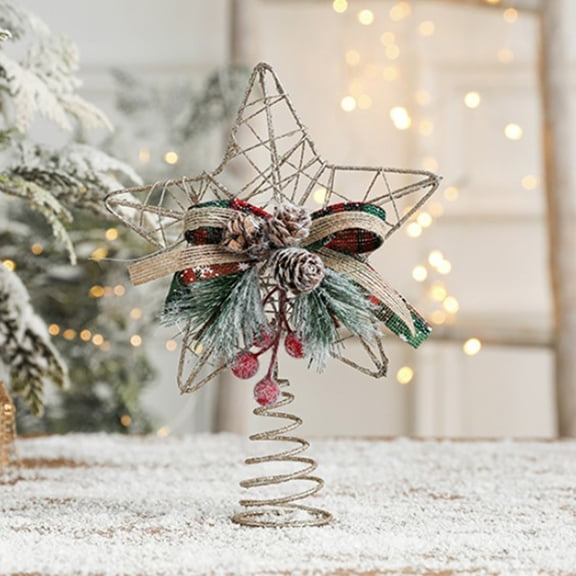 cpengpj Christmas Tree Topper 1-Piece, 8.66 Inch Golden Iron Material Three-dimensional Hollow Design With Red Berries and Pine Cones, for Christmas Tree Decoration and Holiday Party Use