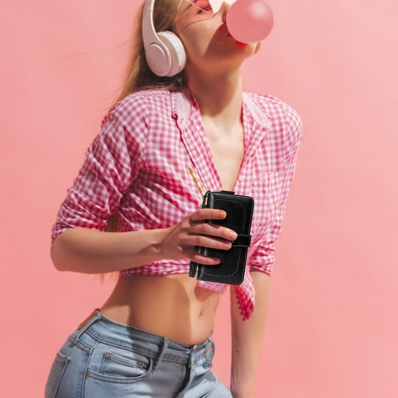 cpengpj Antimagnetic Wallet Blocking Long Clutch Zip Around Travel Leather Purse Large Capacity Credit Card Holder with Grip Hand Strap