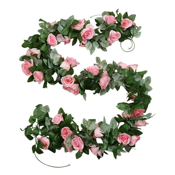 cpengpj Valentine's Day Flower Garland, Artificial Rose Vine Flowers with Green Leaves Hanging for Room, Anniversary Wedding Birthday Christmas Wall Arch Decor, Spring Pink Flower