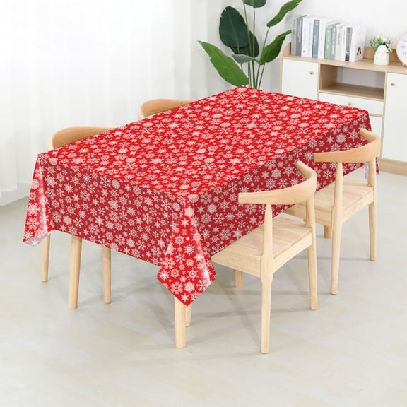 cpengpj Disposable PEVA Plastic Tablecloth Heavy-Duty Christmas Snowflake Red/White Gold Star Decorated Rectangular 274x137cm