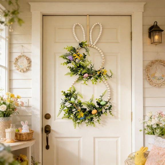 cpengpj Easter Bunny Wreath 1-Piece, 29.53x17.3 Inch Beige Wood Beaded Woven Pendant, Hanging Decorative Wreath for Easter Festive Party, Front Door and Home Wall Decor