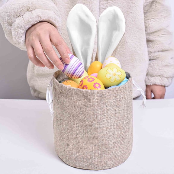 cpengpj Easter Drawstring Bag Bunny Eggs Elements, Khaki Cloth Gift Pouch 18x18cm for Candy Storage, Reusable Easter Basket Alternative with Secure Closure, Holiday Celebration Accessory