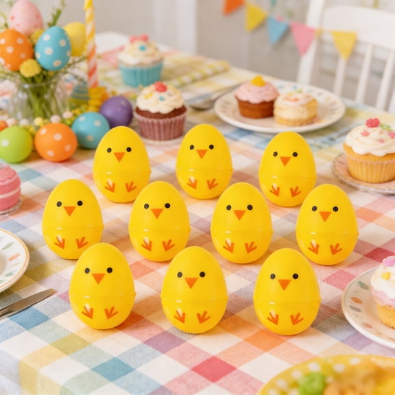 cpengpj Easter Egg Toys 12 Pack, Plastic Yellow 2.36 Inch Capsule Surprise Eggs, Chick Themed Decorative Eggs for Easter Party, Home Decor and Spring Celebration Events