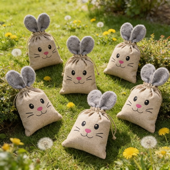 cpengpj Easter Gift Bags 6-Pack Natural Linen Drawstring Bags with Fluffy Bunny Ears, Double-layer Candy Treat Pouches for Spring Party Favor, Easter Egg Hunt
