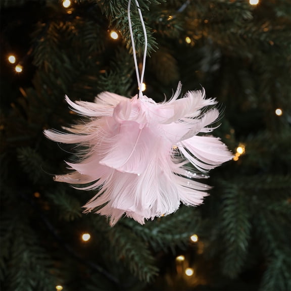 cpengpj Feather Filled Christmas Tree Decorations, Foam Glitter Hanging Ornaments,Beaded Garland Pendants for Xmas Party Home Decor (Beige/White/Pink,7x7x7cm)