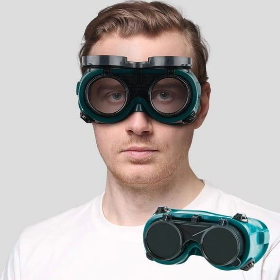 cpengpj Fold-Up Welding Goggles with Flip-Up Design, Green Frame and White Double Lenses, Anti-Scratch, Arc Protection for Industrial Welding Safety Gear