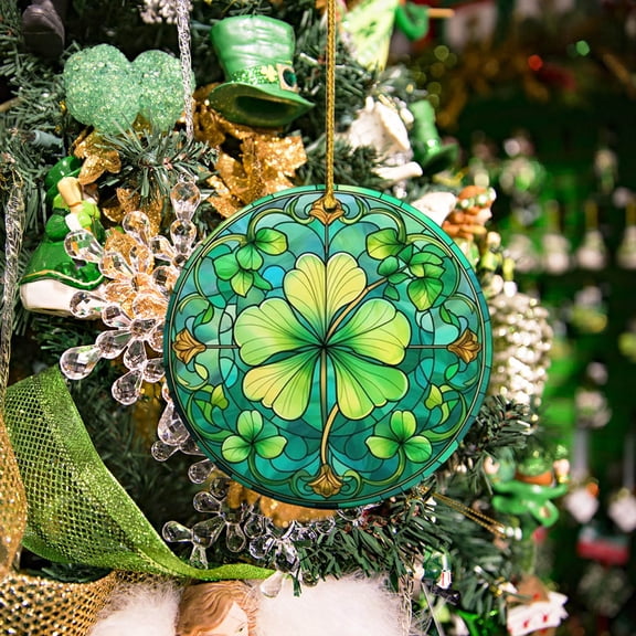 cpengpj Four Leaf Printed Ceramic Ornament, Double-Sided Printing Available, for St Patrick's Day Festive Decor, 3.1in