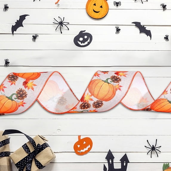 cpengpj Halloween Theme Decoration Ribbon, Fall Pumpkin Craft Ribbons for Wreath Bows, Thanksgiving Wired Edge Orange Burlap Ribbons with Autumn Leaves