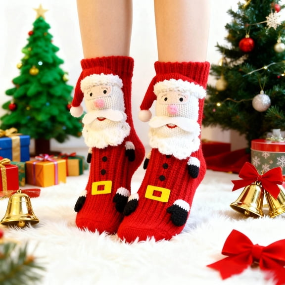 cpengpj Hand Crocheted Christmas Animal Socks for Women, Warm Winter Knit Floor Socks, Soft Polyester Spandex, Festive Gift for Girls and Adults (1 Pair)