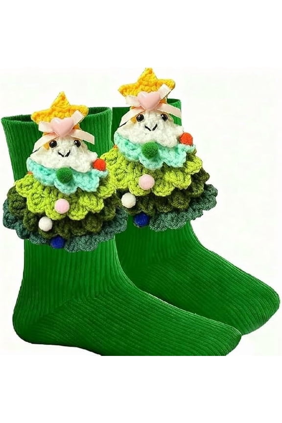Hand-Knitted Christmas Tree Socks with Non-Slip Sole, Warm Wool Blend Festive Holiday Socks with Pom-Poms and Star Bow for Family Winter Comfort