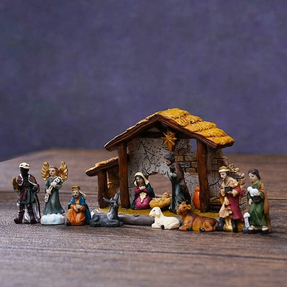 cpengpj Hand-Painted Resin Nativity Scene Set, Religious Christmas Manger Ornaments, Stable Tabletop Decor with Detailed Figurines, Holiday Home Decoration and Meaningful Gift for Family