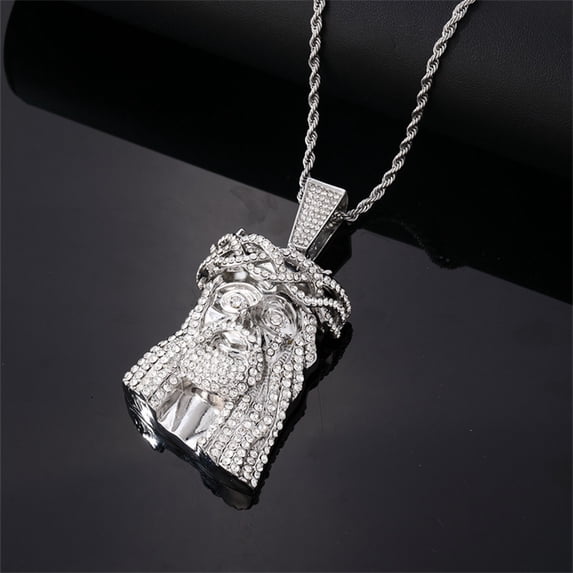 cpengpj Hip Hop Jesus Alloy Pendant Necklace, Silver/Gold Rhinestone Twisted Chain Jewelry Gift for Men Women