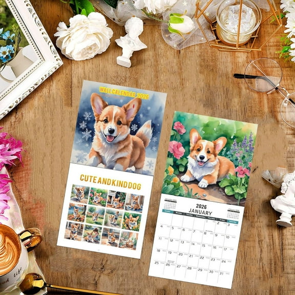 cpengpj Humorous Dog-Themed Creative English Desk Calendar, Funny Pet Lovers Wall Art with Superhero Pugs and Dachshund Designs, Unique Home Office Decor Gift, Fade-Resistant Print