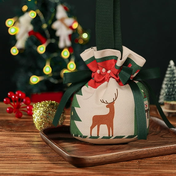 cpengpj Linen Christmas Gift Bags for Apples, Candies and Presents, Multicolor Cartoon Pattern Reusable Storage Pouches (20x10x1cm) Natural Holiday Decor