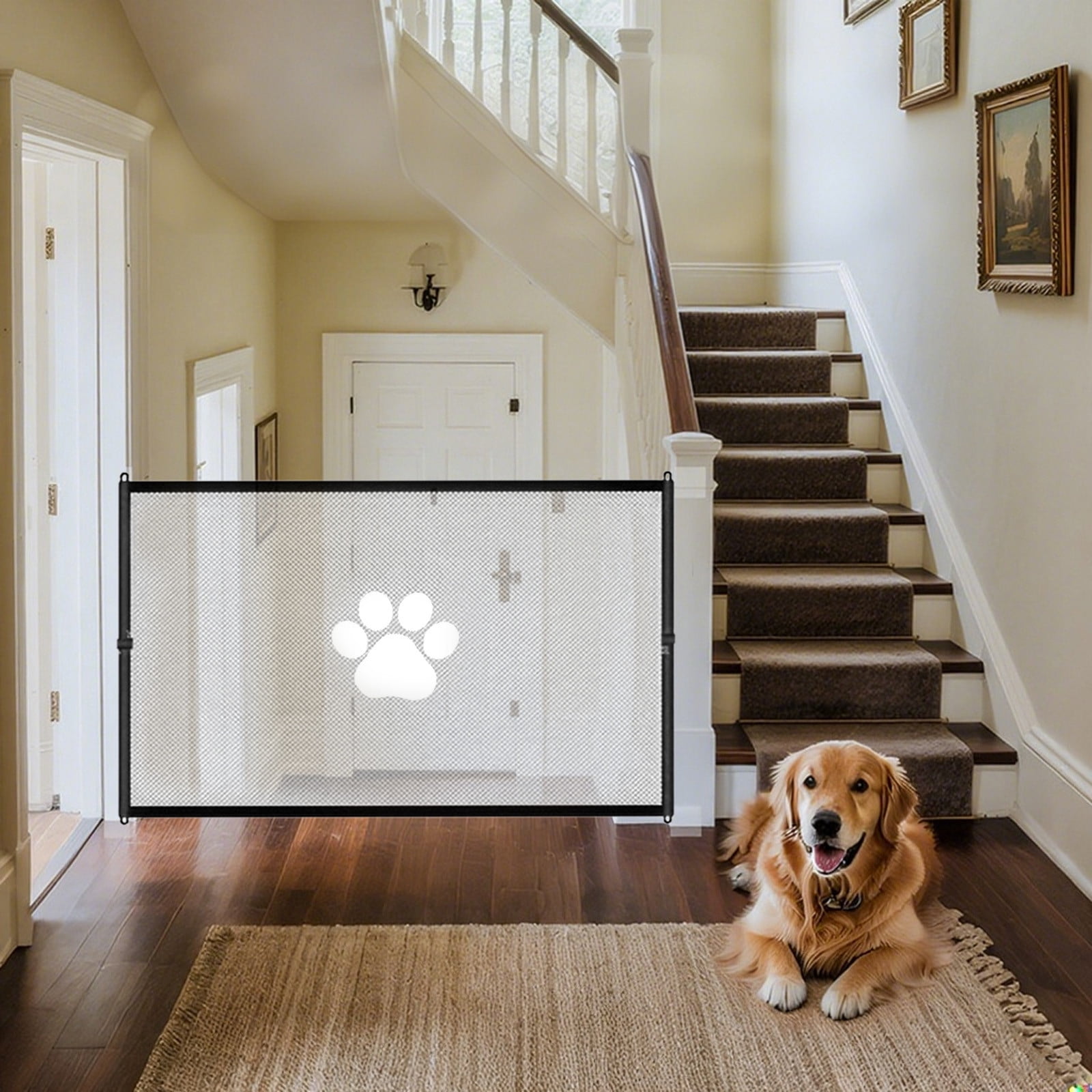cpengpj No-Drill Pet Fence for Cats and Dogs, Paw Print Design, Sturdy Mesh Barrier for Doorways and Stairs, Easy Install Home Safety Gate