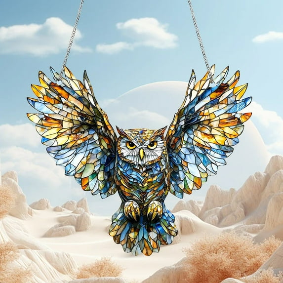 cpengpj Owl 2D Decorative Pendant with Chain, Window Porch Outdoor Wall Hanging Decor, Feng Shui Wisdom Home Art, Easy Installation Holiday Gift