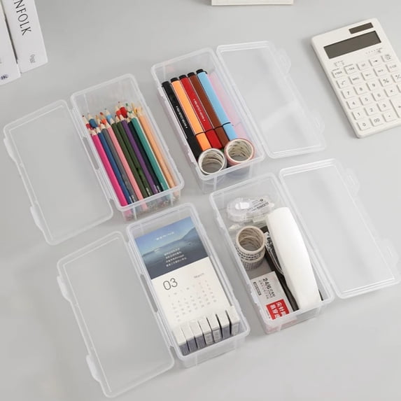 cpengpj Pencil Box 1-Piece, Extra Large Capacity Translucent Plastic Stackable with Snap-Tight Lid, for Office Desk and Drawer Storage of Pens Markers and Art Supplies