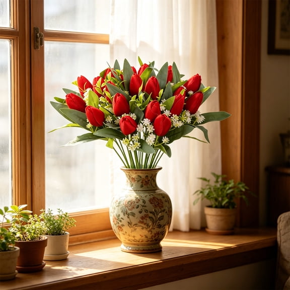 cpengpj Realistic Tulip Bud Artificial Flowers, Fade Resistant Plastic, for Wedding Scene Long-Lasting Display, 2 Pack