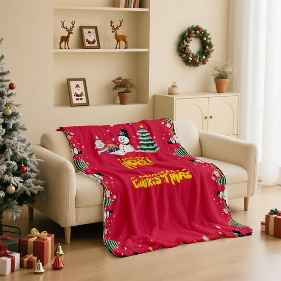 cpengpj Red Christmas Flannel Blanket with Snow Scene Print, Double-Sided Plush Cozy Throw for Holiday Gifts, Warm Polyester Blanket in 100x150cm (39.37x59.06in)