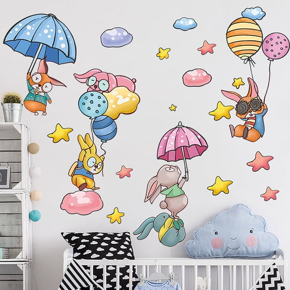 cpengpj Removable PVC Wall Sticker, Watercolor Rabbit Cloud Umbrella Design for Kids Room, Nursery, Kindergarten Home Decor, Peel and Stick, 30x90cm
