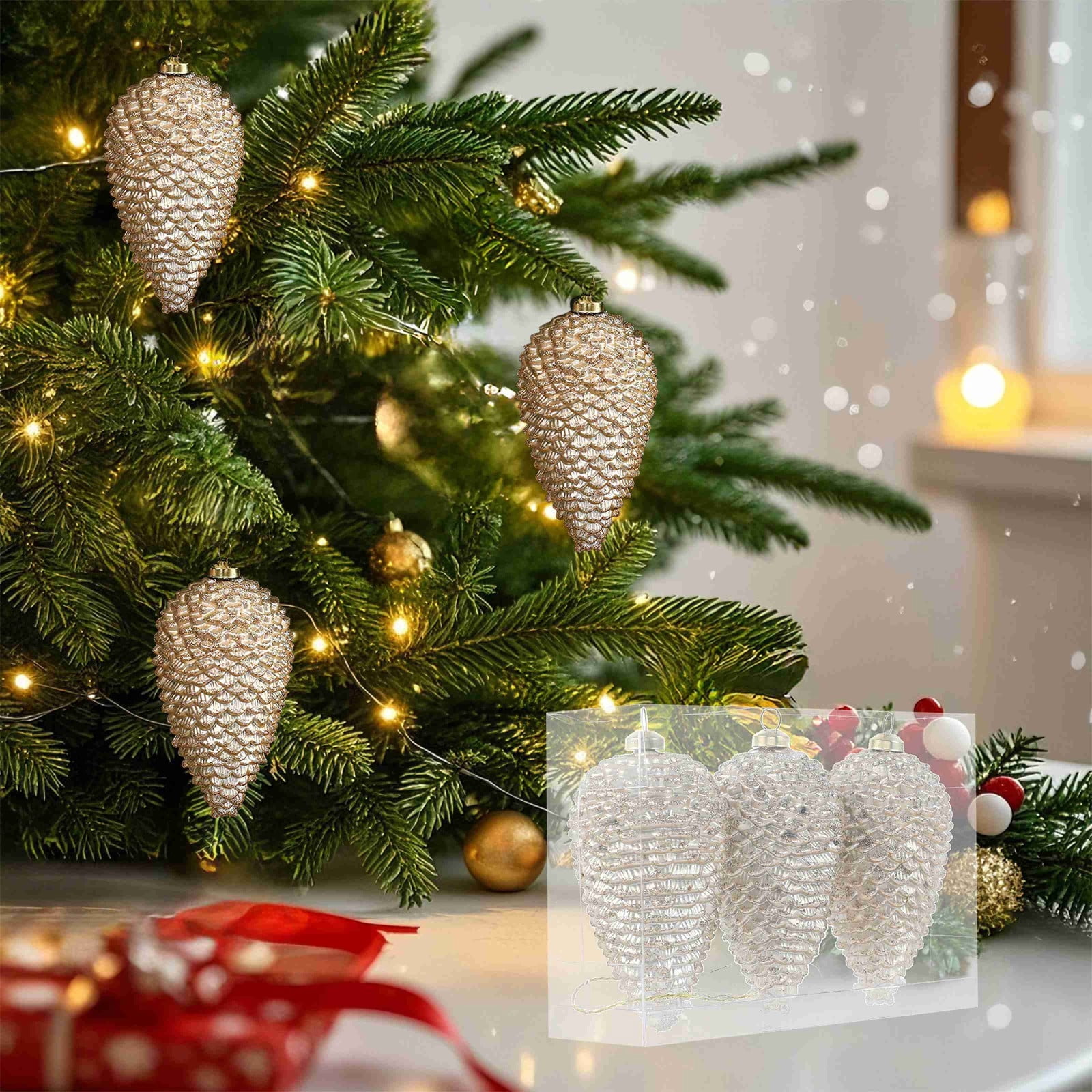 cpengpj Special Shaped Pine Cone Christmas Tree Decorations 3-Pack