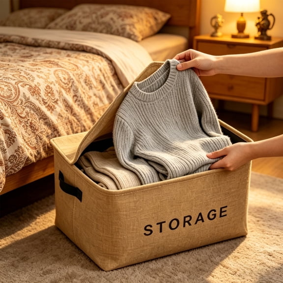 cpengpj Storage Bin 1-Piece, Foldable Linen Material with Reinforced Handles, Removable Lid Option Rigid Structure 16.14x12.99x10.23in, for Wardrobe Shelf and Bedroom Storage