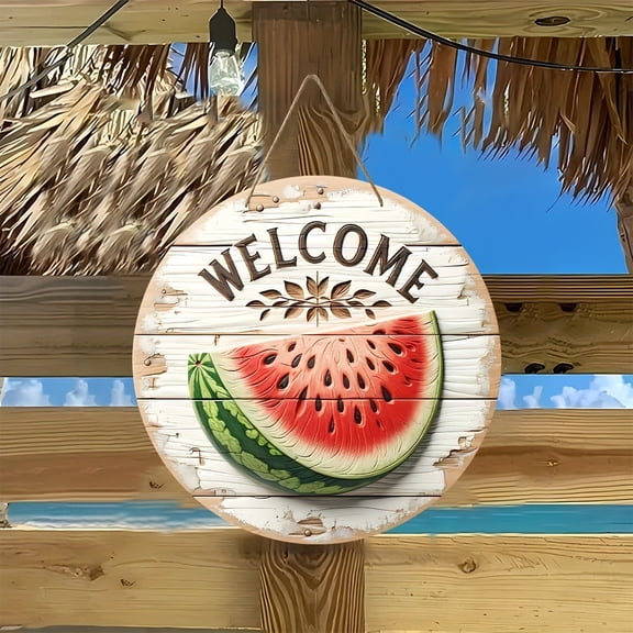 cpengpj Summer Watermelon Wooden Hanging Sign, Round Poplar Wood Door Plaque for Home Decor, 20x20cm Wall Art for Bar Cafe Garden
