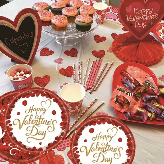 cpengpj Valentine's Day Party Supplies 20-Pack Disposable Paper Plates, Cups, Napkins with Rose Heart Patterns Red Gold for Romantic Celebrations