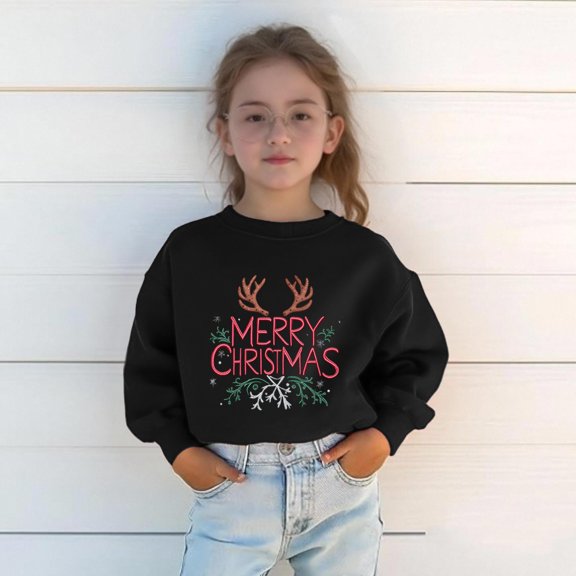cpengpj Winter Christmas Letter Print Sweatshirt for Kids Boys Girls, Soft Polyester Long Sleeve Fashion Top, Holiday Casual Wear and Gift (As Shown)