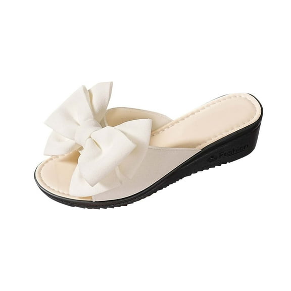 cpengpj Women's Fashion Casual Summer New Style Solid Color New Bow Open Toe Fish Mouth Mid-Heel Wedge Slippers, Lightweight Comfy Backless Open Toe Non-slip Softsole Beach Sandals