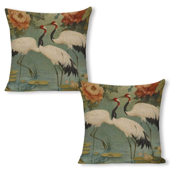 cranes pond flowers Linen toss pillowcase decoration pillowcase gifting preferred 18x18 inch cushion cover 2 sets sofa pillowcase sofa bedroom living room car