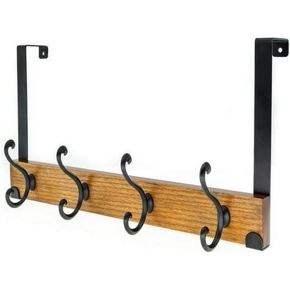 creathome Dual-Purpose Wooden Hanger with 4 Ring Hooks Classic Color, Behind/Over The Door Towel Rack for Bathroom, Heavy Duty Wall Mounted Coat Rack, No Drilling