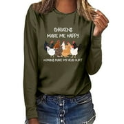 crewneck&nbsp;sweatshirts Clearance! Weikingp CHICKENS MAKE ME HAPPY Funny Printed Round Neck Long Sleeve T Shirt graphic sweatshirts comfortable sweatshirts casual wear