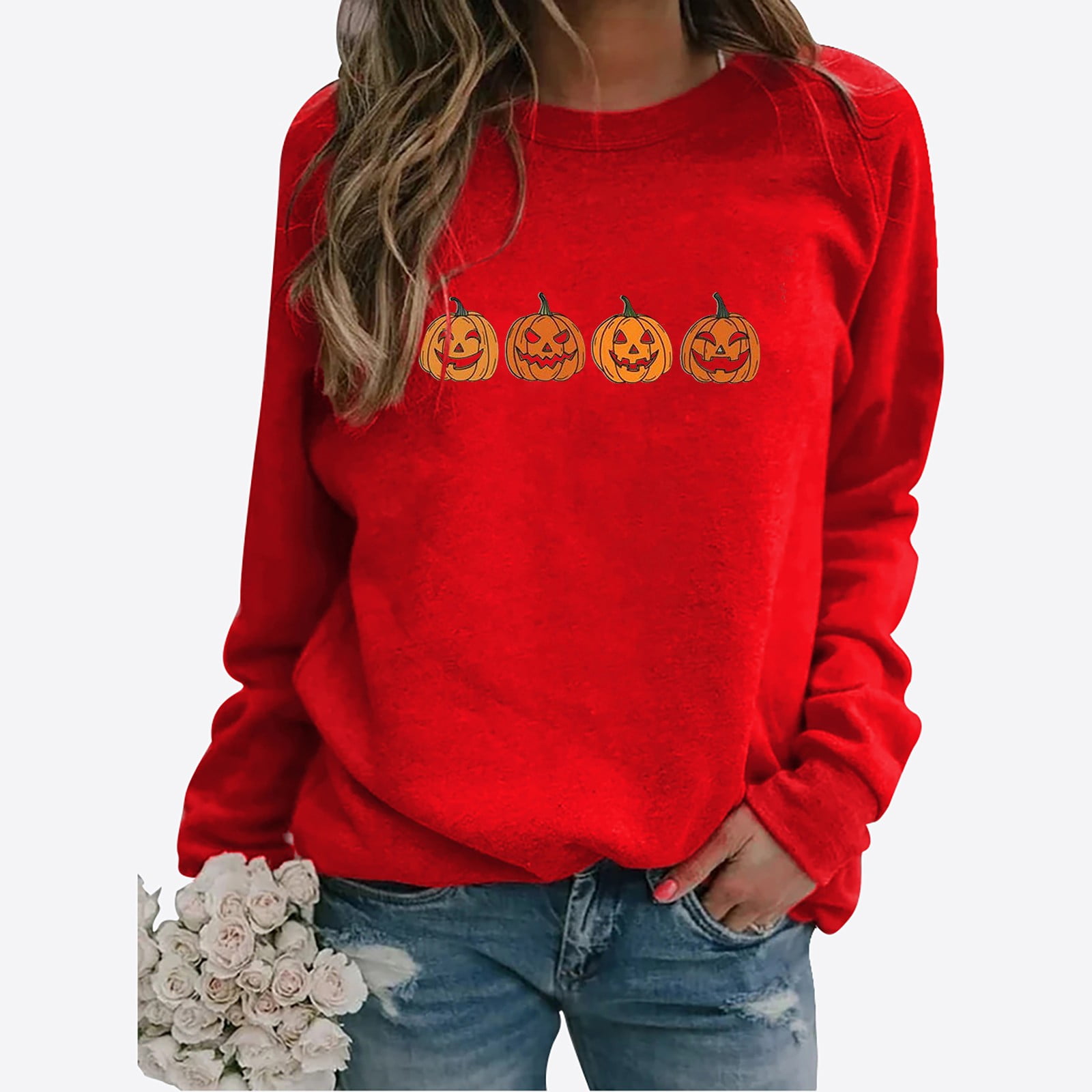 crewneck sweatshirts Clearance! Weikingp Ladies Halloween Print Round