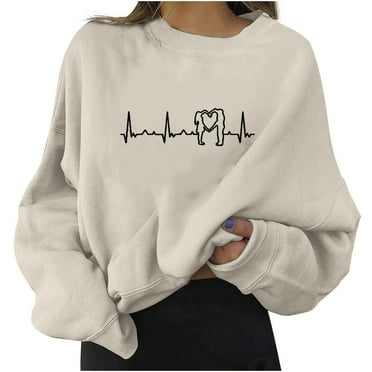 crewneck&nbsp;sweatshirts Clearance! Weikingp Womens Casual Long Sleeve Round Neck Sweatshirts Heartbeat Prints Loose Top graphic sweatshirts comfortable sweatshirts casual wear