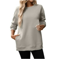 crewneck sweatshirts women oversized long sleeve pullover sweater trendy casual Fleece tops Comfy Fall Outfits 2025 Beige S