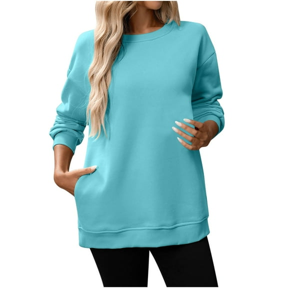 crewneck sweatshirts women oversized long sleeve pullover sweater trendy casual Fleece tops Comfy Fall Outfits 2025 Light Blue M