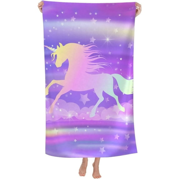 cromcu Unicorn Beach Towel 52” x 32” Camping Towels for Girls Kids Quick Dry Ultra Absorbent Ultra Soft Beach Pool Travel Swimming Bath Shower Towel Fantasy Rainbow Purple Sky