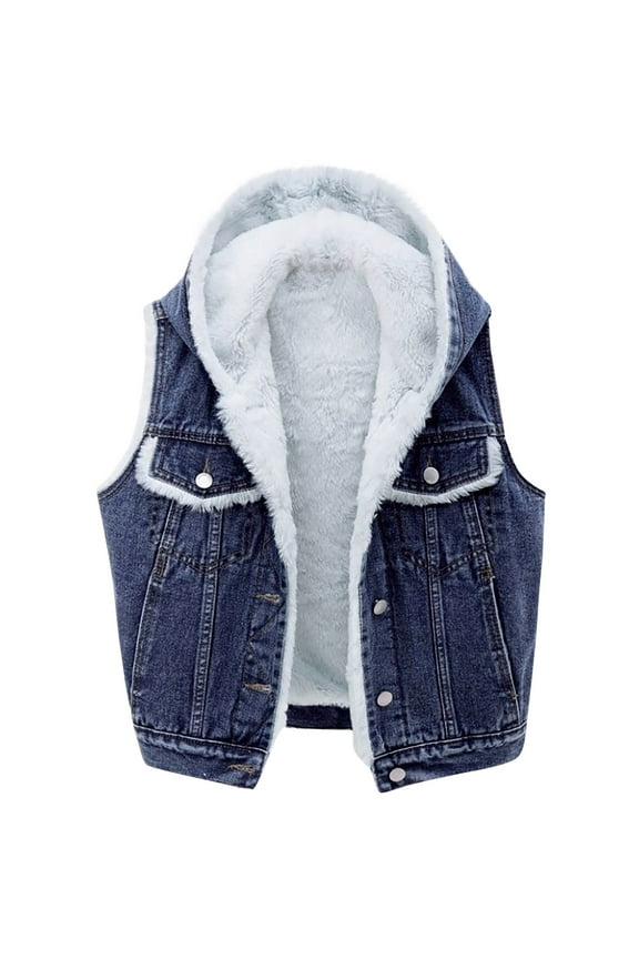 cropped denim jacket for women,Dark Blue Womens Denim Vests Sleeveless Fleece Waistcoat Reversible Vests Sleeveless Fleece Jacket Zip Up Hoodie Pockets Warm Winter Coat Outerwear