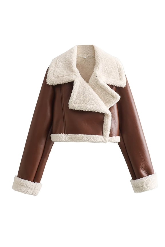 cropped leather jacket women,Brown Women's Faux Leather Jacket Trendy Sherpa Fleece Coats Oversized Zip Up Winter Motorcycle Trench Coat Fall Spring Clothes Outerwear