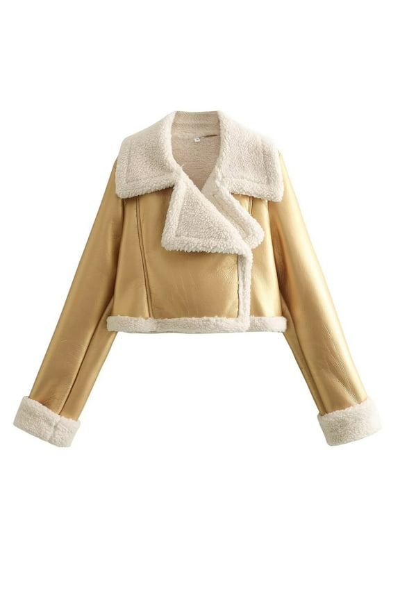 cropped leather jacket women,Gold Women's Faux Leather Jacket Trendy Sherpa Fleece Coats Oversized Zip Up Winter Motorcycle Trench Coat Fall Spring Clothes Outerwear