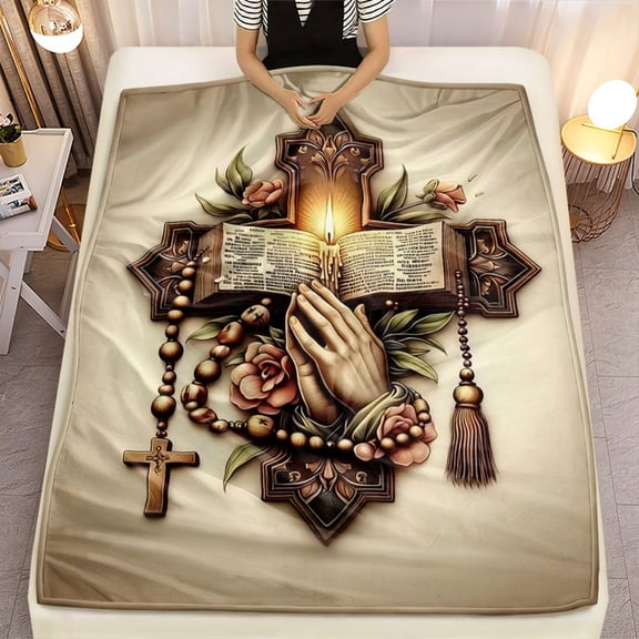 cross Rosary Flannel Throw Blanket - Extra Large Heavy Duty 280GSM Soft Bedspread with Prayer  Design - Spiritual Christian Gift for Women Men Priests - Church Decor  Winter Blanket