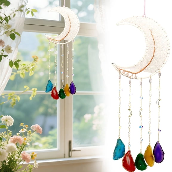 crystal wind chimes,crystal suncatcher,moon suncatcher,for Window Hanging Tree of Life Natural Healing Stones Wind Chimes Sun Catcher Rainbow Maker Good Luck Gifts Decor(F)